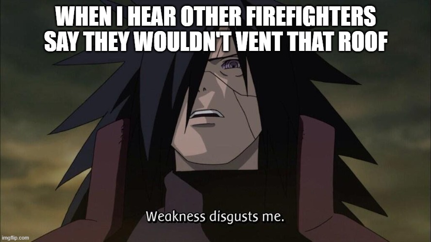 Weakness disgusts me | WHEN I HEAR OTHER FIREFIGHTERS SAY THEY WOULDN'T VENT THAT ROOF | image tagged in weakness disgusts me,firefighter,firefighters,ladder company,roof vent | made w/ Imgflip meme maker
