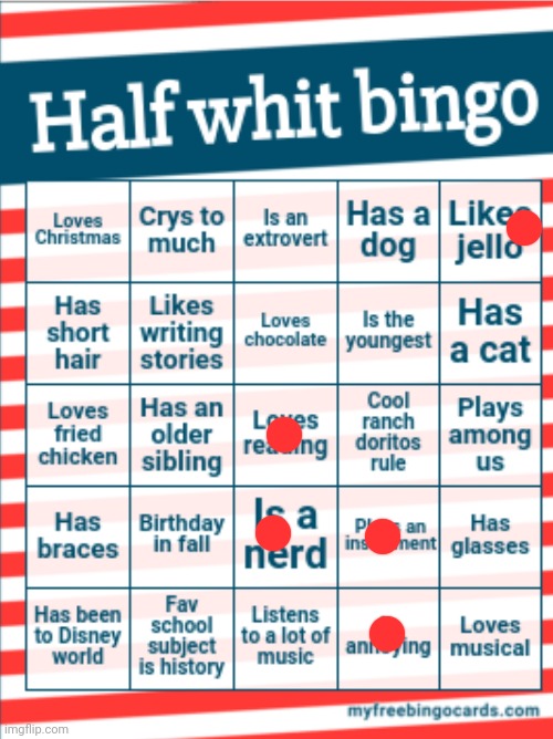 Half whit bingo | image tagged in half whit bingo | made w/ Imgflip meme maker