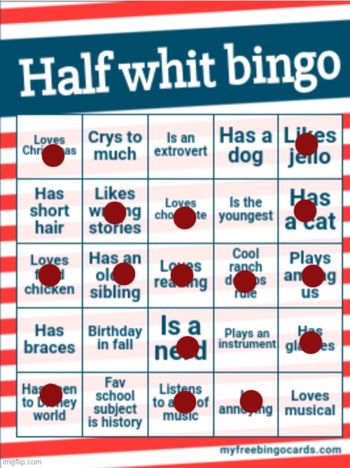 :) | image tagged in half whit bingo | made w/ Imgflip meme maker