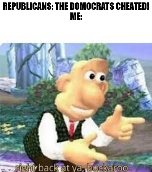 idk if this is alowed | REPUBLICANS: THE DOMOCRATS CHEATED!
ME: | image tagged in right back at ya buckaroo | made w/ Imgflip meme maker