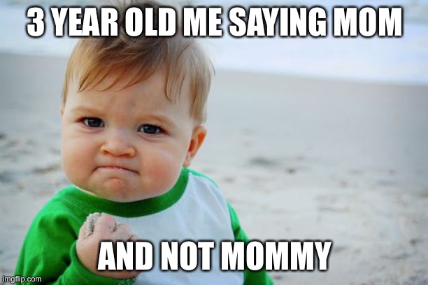 Success Kid Original | 3 YEAR OLD ME SAYING MOM; AND NOT MOMMY | image tagged in memes,success kid original | made w/ Imgflip meme maker
