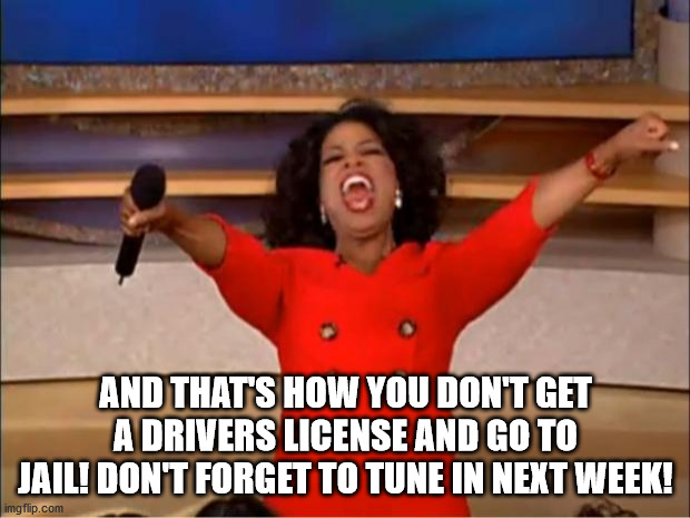 Oprah You Get A Meme | AND THAT'S HOW YOU DON'T GET A DRIVERS LICENSE AND GO TO JAIL! DON'T FORGET TO TUNE IN NEXT WEEK! | image tagged in memes,oprah you get a | made w/ Imgflip meme maker