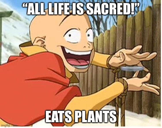 Aang be stup. | “ALL LIFE IS SACRED!”; EATS PLANTS | image tagged in aang,funny,memes,vegan | made w/ Imgflip meme maker
