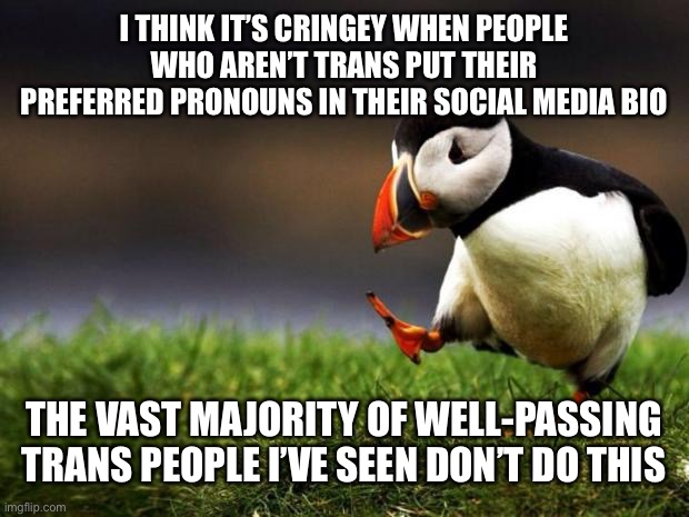Unpopular Opinion Puffin | I THINK IT’S CRINGEY WHEN PEOPLE WHO AREN’T TRANS PUT THEIR PREFERRED PRONOUNS IN THEIR SOCIAL MEDIA BIO; THE VAST MAJORITY OF WELL-PASSING TRANS PEOPLE I’VE SEEN DON’T DO THIS | image tagged in memes,unpopular opinion puffin,transgender,social media,cringe,virtue signalling | made w/ Imgflip meme maker