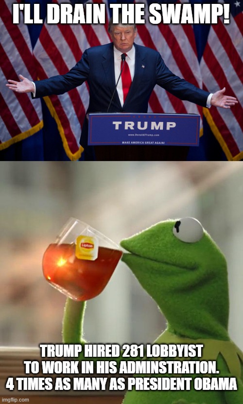 I'LL DRAIN THE SWAMP! TRUMP HIRED 281 LOBBYIST TO WORK IN HIS ADMINSTRATION. 4 TIMES AS MANY AS PRESIDENT OBAMA | image tagged in donald trump,memes,but that's none of my business | made w/ Imgflip meme maker