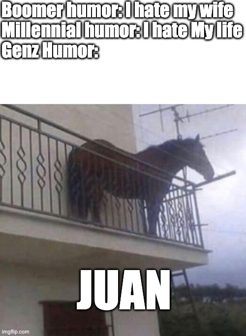 Juan | Boomer humor: I hate my wife
Millennial humor: I hate My life
Genz Humor:; JUAN | image tagged in blank white template,juan | made w/ Imgflip meme maker