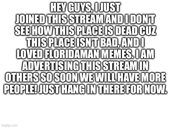 We can do this people! | HEY GUYS, I JUST JOINED THIS STREAM AND I DON’T SEE HOW THIS PLACE IS DEAD CUZ THIS PLACE ISN’T BAD, AND I LOVED FLORIDAMAN MEMES. I AM ADVERTISING THIS STREAM IN OTHERS SO SOON WE WILL HAVE MORE PEOPLE! JUST HANG IN THERE FOR NOW. | image tagged in blank white template,florida man | made w/ Imgflip meme maker