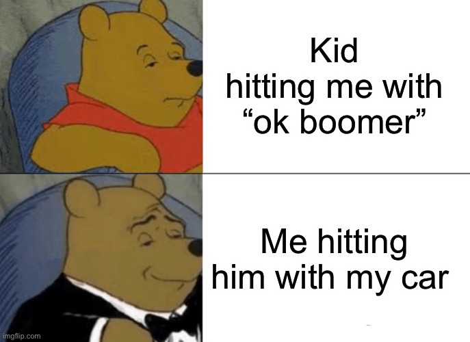 Tuxedo Winnie The Pooh Meme | Kid hitting me with “ok boomer”; Me hitting him with my car | image tagged in memes,tuxedo winnie the pooh | made w/ Imgflip meme maker