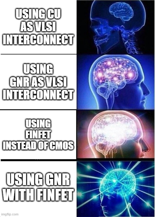 Expanding Brain Meme | USING CU AS VLSI INTERCONNECT; USING GNR AS VLSI INTERCONNECT; USING FINFET INSTEAD OF CMOS; USING GNR WITH FINFET | image tagged in memes,expanding brain | made w/ Imgflip meme maker