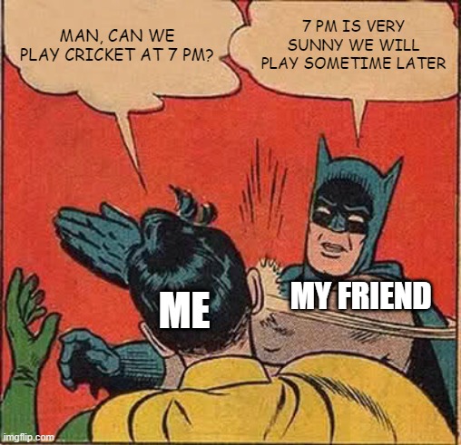 Sunny @ 7 pm | MAN, CAN WE PLAY CRICKET AT 7 PM? 7 PM IS VERY SUNNY WE WILL PLAY SOMETIME LATER; ME; MY FRIEND | image tagged in memes,batman slapping robin | made w/ Imgflip meme maker