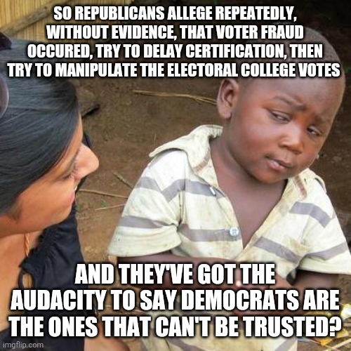 They really ought to change their name to the Authoritarian Party. | SO REPUBLICANS ALLEGE REPEATEDLY, WITHOUT EVIDENCE, THAT VOTER FRAUD OCCURED, TRY TO DELAY CERTIFICATION, THEN TRY TO MANIPULATE THE ELECTORAL COLLEGE VOTES; AND THEY'VE GOT THE AUDACITY TO SAY DEMOCRATS ARE THE ONES THAT CAN'T BE TRUSTED? | image tagged in memes,third world skeptical kid | made w/ Imgflip meme maker