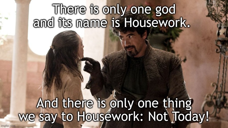 Not Today | There is only one god and its name is Housework. And there is only one thing we say to Housework: Not Today! | image tagged in not today | made w/ Imgflip meme maker