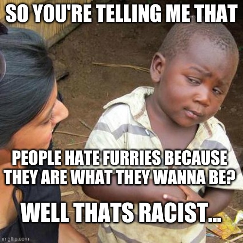 furries are beutiful creatures | SO YOU'RE TELLING ME THAT; PEOPLE HATE FURRIES BECAUSE THEY ARE WHAT THEY WANNA BE? WELL THATS RACIST... | image tagged in memes,third world skeptical kid | made w/ Imgflip meme maker