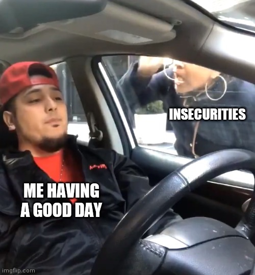 stfu im listening to | INSECURITIES; ME HAVING A GOOD DAY | image tagged in stfu im listening to | made w/ Imgflip meme maker