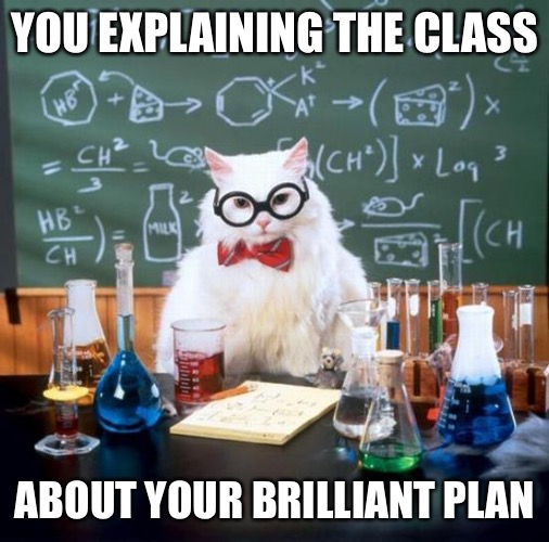 YOU EXPLAINING THE CLASS ABOUT YOUR BRILLIANT PLAN | image tagged in memes,chemistry cat | made w/ Imgflip meme maker