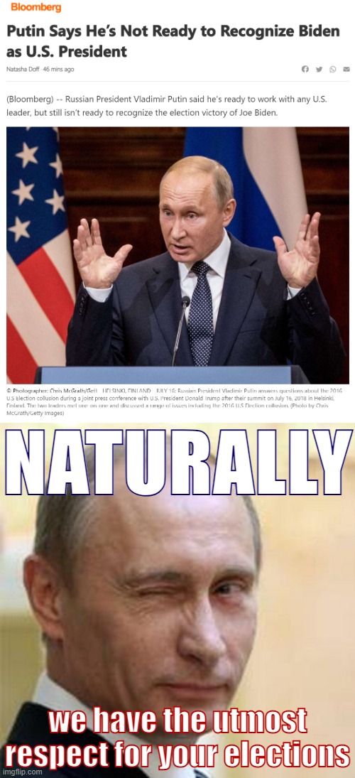 On the 2020 election, Putin lands entirely where expected | NATURALLY; we have the utmost respect for your elections | image tagged in putin winking,democracy,election 2020,2020 elections,putin,vladimir putin | made w/ Imgflip meme maker