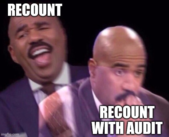 Politics and stuff | RECOUNT; RECOUNT WITH AUDIT | image tagged in steve harvey laughing serious | made w/ Imgflip meme maker
