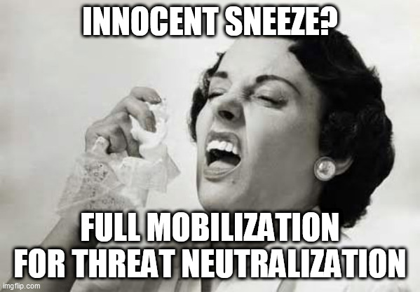 Covid Lunacy | INNOCENT SNEEZE? FULL MOBILIZATION FOR THREAT NEUTRALIZATION | image tagged in sneezing | made w/ Imgflip meme maker