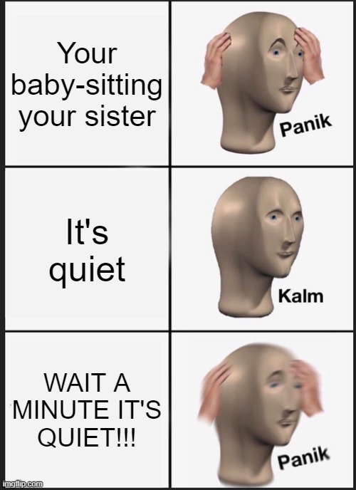 Panik Kalm Panik Meme | Your baby-sitting your sister; It's quiet; WAIT A MINUTE IT'S QUIET!!! | image tagged in memes,panik kalm panik | made w/ Imgflip meme maker