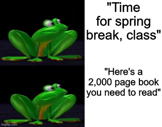 Every school ever | "Time for spring break, class"; "Here's a 2,000 page book you need to read" | image tagged in shocked frogger,frogger | made w/ Imgflip meme maker