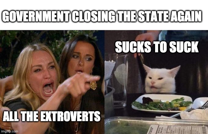 Woman Yelling At Cat Meme | GOVERNMENT CLOSING THE STATE AGAIN; SUCKS TO SUCK; ALL THE EXTROVERTS | image tagged in memes,woman yelling at cat | made w/ Imgflip meme maker