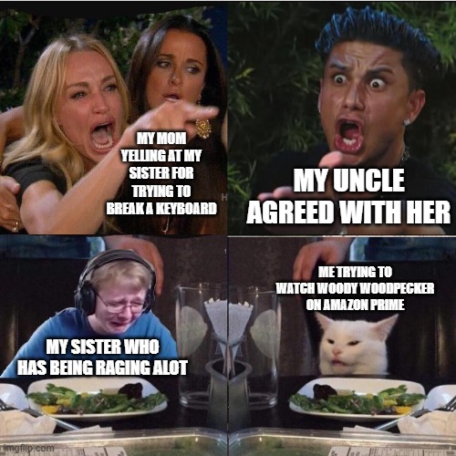 this is actullay true |  MY UNCLE AGREED WITH HER; MY MOM YELLING AT MY SISTER FOR TRYING TO BREAK A KEYBOARD; ME TRYING TO WATCH WOODY WOODPECKER ON AMAZON PRIME; MY SISTER WHO HAS BEING RAGING ALOT | image tagged in four panel taylor armstrong pauly d callmecarson cat,amazon prime,woody woodpecker,argument | made w/ Imgflip meme maker