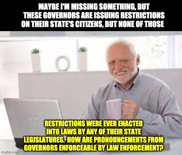 Enforceable Restrictions? | MAYBE I'M MISSING SOMETHING, BUT THESE GOVERNORS ARE ISSUING RESTRICTIONS ON THEIR STATE'S CITIZENS, BUT NONE OF THOSE; RESTRICTIONS WERE EVER ENACTED INTO LAWS BY ANY OF THEIR STATE LEGISLATURES.  HOW ARE PRONOUNCEMENTS FROM GOVERNORS ENFORCEABLE BY LAW ENFORCEMENT? | image tagged in harold | made w/ Imgflip meme maker