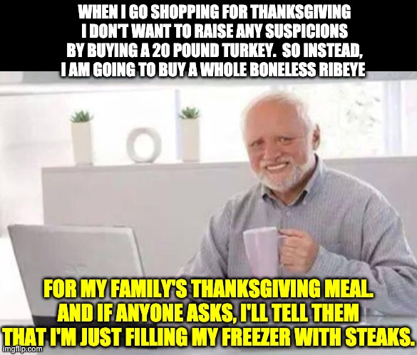 I'm expecting a large family gathering for Thanksgiving. | WHEN I GO SHOPPING FOR THANKSGIVING I DON'T WANT TO RAISE ANY SUSPICIONS BY BUYING A 20 POUND TURKEY.  SO INSTEAD, I AM GOING TO BUY A WHOLE BONELESS RIBEYE; FOR MY FAMILY'S THANKSGIVING MEAL. AND IF ANYONE ASKS, I'LL TELL THEM THAT I'M JUST FILLING MY FREEZER WITH STEAKS. | image tagged in harold | made w/ Imgflip meme maker