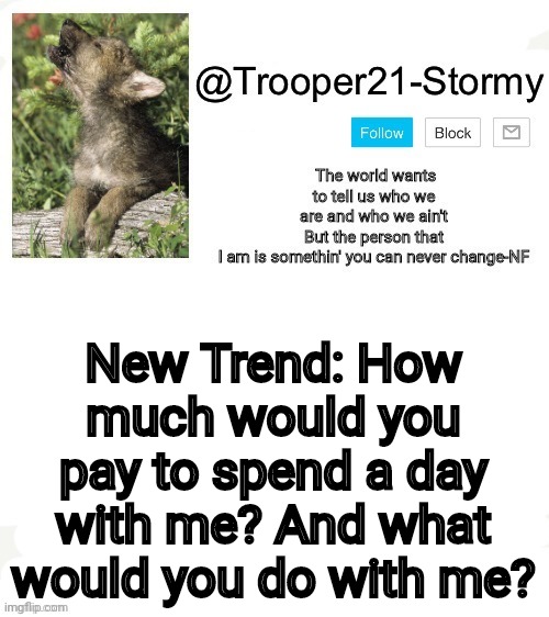 T21-Stormy | New Trend: How much would you pay to spend a day with me? And what would you do with me? | image tagged in t21-stormy | made w/ Imgflip meme maker