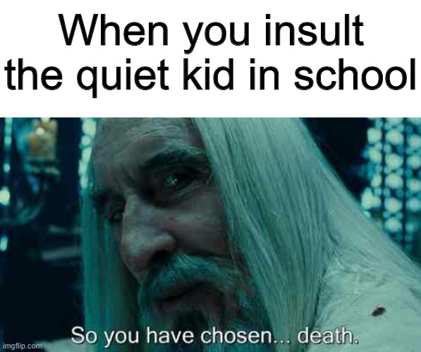 Basically suicide | When you insult the quiet kid in school | image tagged in so you have chosen death,memes,funny,quiet,school | made w/ Imgflip meme maker