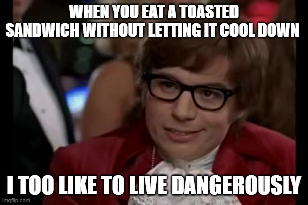 It's True | WHEN YOU EAT A TOASTED SANDWICH WITHOUT LETTING IT COOL DOWN; I TOO LIKE TO LIVE DANGEROUSLY | image tagged in memes,i too like to live dangerously | made w/ Imgflip meme maker