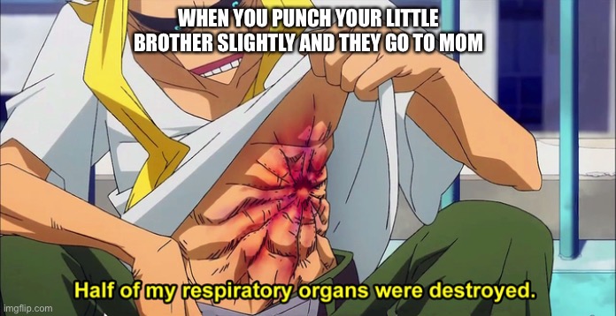 RELATABLE MEMES | WHEN YOU PUNCH YOUR LITTLE BROTHER SLIGHTLY AND THEY GO TO MOM | image tagged in half of my respiratory organs were destroyed | made w/ Imgflip meme maker