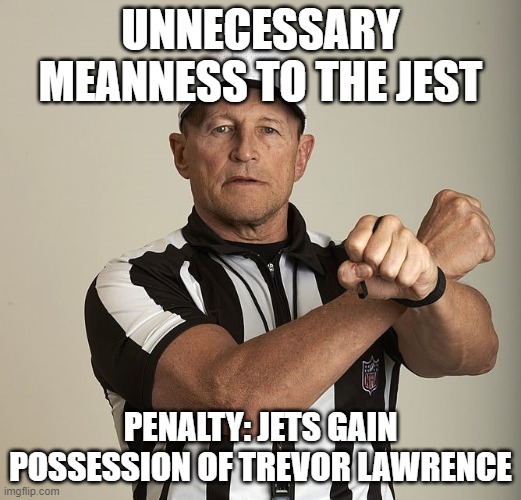Unnecessary Roughness | UNNECESSARY MEANNESS TO THE JEST; PENALTY: JETS GAIN POSSESSION OF TREVOR LAWRENCE | image tagged in unnecessary roughness | made w/ Imgflip meme maker