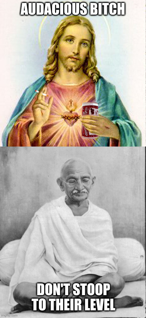 AUDACIOUS BITCH; DON'T STOOP TO THEIR LEVEL | image tagged in jesus with beer,gandhi meditation | made w/ Imgflip meme maker