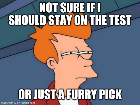 Futurama Fry | NOT SURE IF I SHOULD STAY ON THE TEST; OR JUST A FURRY PICK | image tagged in memes,futurama fry | made w/ Imgflip meme maker