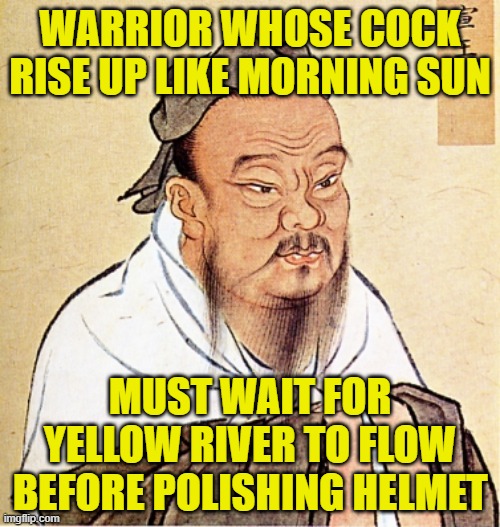 I prostate myself at my master's wisdom | WARRIOR WHOSE COCK RISE UP LIKE MORNING SUN; MUST WAIT FOR YELLOW RIVER TO FLOW BEFORE POLISHING HELMET | image tagged in confucius says,words of wisdom | made w/ Imgflip meme maker