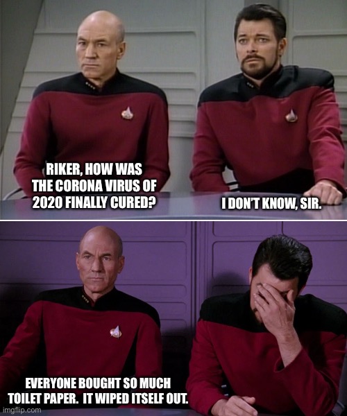 Riker Facepalm | RIKER, HOW WAS THE CORONA VIRUS OF 2020 FINALLY CURED? I DON’T KNOW, SIR. EVERYONE BOUGHT SO MUCH TOILET PAPER.  IT WIPED ITSELF OUT. | image tagged in picard riker listening to a pun,star trek the next generation,coronavirus meme,toilet paper,star trek face palm,corona virus | made w/ Imgflip meme maker