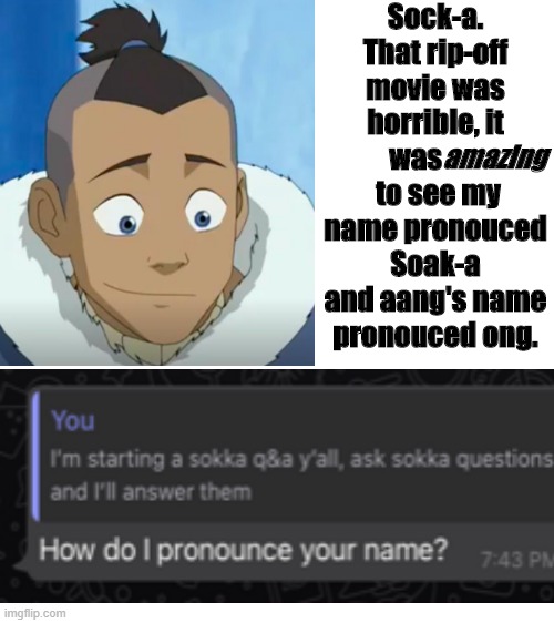 Sokka Q&A part 2 | Sock-a.
That rip-off movie was horrible, it was         to see my name pronouced Soak-a and aang's name pronouced ong. amazing | image tagged in blank white template,sokka,avatar the last airbender,avatar,name issues | made w/ Imgflip meme maker