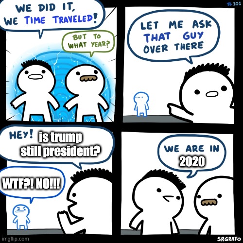 time travel | is trump still president? 2020; WTF?! NO!!! | image tagged in we did it we time traveled | made w/ Imgflip meme maker