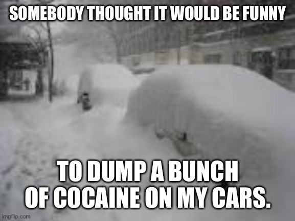 Snow = cocaine | SOMEBODY THOUGHT IT WOULD BE FUNNY; TO DUMP A BUNCH OF COCAINE ON MY CARS. | image tagged in snow storm,funny,memes,cocaine,snow | made w/ Imgflip meme maker