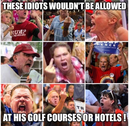 Triggered Trump supporters | THESE IDIOTS WOULDN'T BE ALLOWED AT HIS GOLF COURSES OR HOTELS ! | image tagged in triggered trump supporters | made w/ Imgflip meme maker