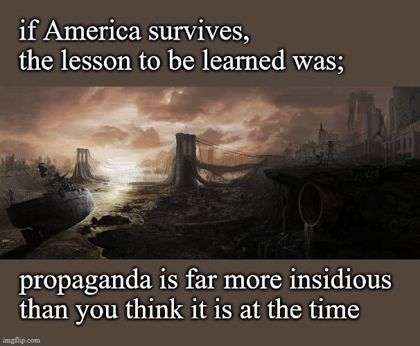America's lesson learned | if America survives, 
the lesson to be learned was;; propaganda is far more insidious 
than you think it is at the time | image tagged in politics | made w/ Imgflip meme maker
