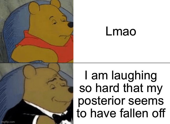 Tuxedo Winnie The Pooh | Lmao; I am laughing so hard that my posterior seems to have fallen off | image tagged in memes,tuxedo winnie the pooh | made w/ Imgflip meme maker