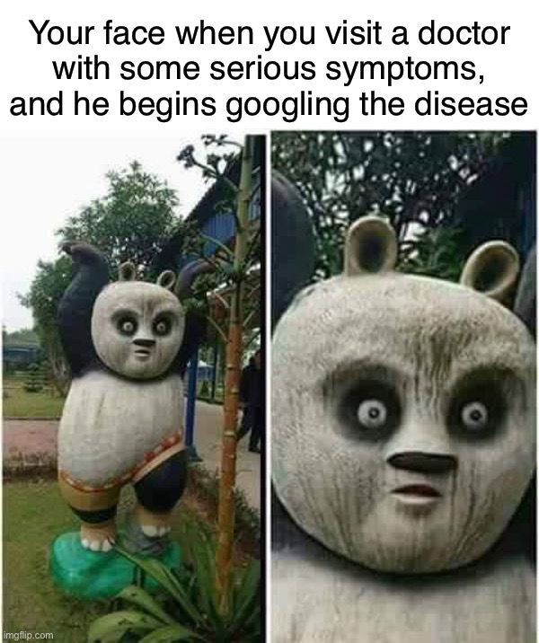 Your face when you visit a doctor
with some serious symptoms, and he begins googling the disease | image tagged in memes,dank memes,funny memes,doctor and patient,so true memes,too funny | made w/ Imgflip meme maker