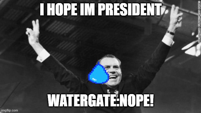 Nixon | I HOPE IM PRESIDENT; WATERGATE:NOPE! | image tagged in nixon | made w/ Imgflip meme maker
