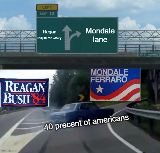 Left Exit 12 Off Ramp Meme | Regan expressway; Mondale lane; 40 precent of americans | image tagged in memes,left exit 12 off ramp | made w/ Imgflip meme maker