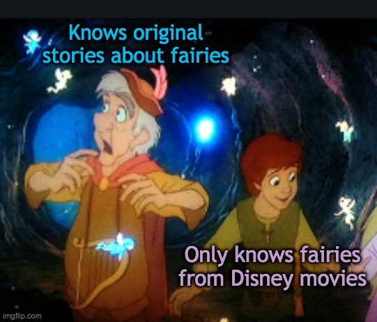 Pixielated | Knows original stories about fairies; Only knows fairies from Disney movies | image tagged in differing reactions,fairies,disney,black cauldron,pixie | made w/ Imgflip meme maker