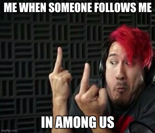 Don't follow me in among us... EVER | ME WHEN SOMEONE FOLLOWS ME; IN AMONG US | image tagged in markiplier middle finger | made w/ Imgflip meme maker