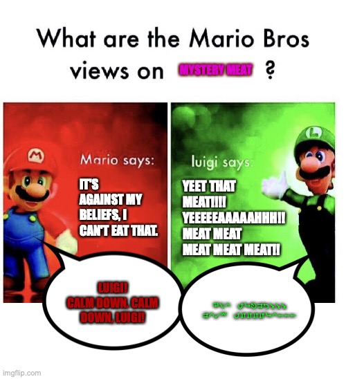 mario bros. view on mystery meat | MYSTERY MEAT IT'S AGAINST MY BELIEFS, I CAN'T EAT THAT. YEET THAT MEAT!!!! YEEEEEAAAAAHHH!! MEAT MEAT MEAT MEAT MEAT!! LUIGI! CALM DOWN. CAL | image tagged in mario and luigi opinions,mystery,meat,cursed,views,meme | made w/ Imgflip meme maker
