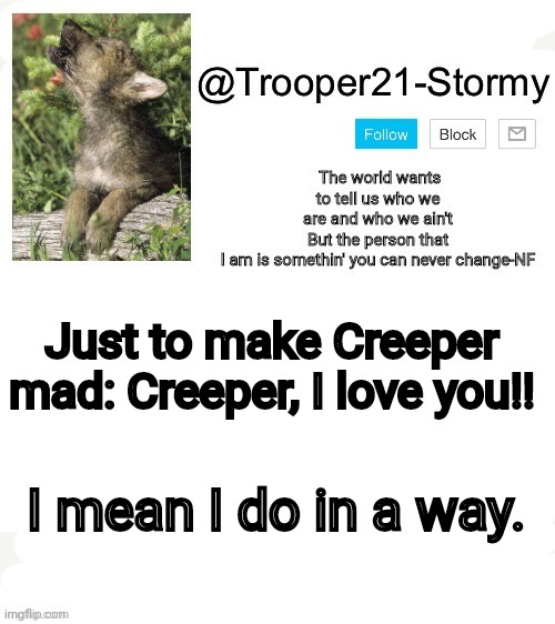 T21-Stormy | Just to make Creeper mad: Creeper, I love you!! I mean I do in a way. | image tagged in t21-stormy | made w/ Imgflip meme maker